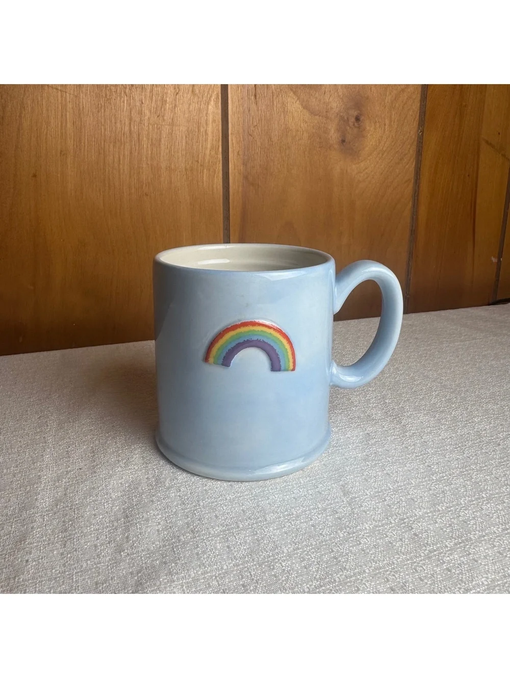 The Old Pottery Company Rainbow Mug Blue Ceramic Coffee Cup 3.75”